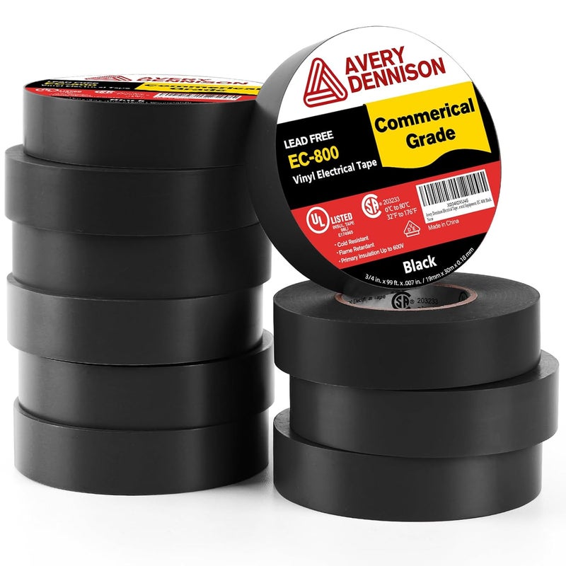 Avery Dennison Electrical Tape, 10 Rolls Commercial Grade PVC Electric Tape, UL/CSA Listed ¾ in x 99 ft Insulating Vinyl Tape for Electrical, Repairs, Automotive and Equipment, EC-800, Black - Image 1